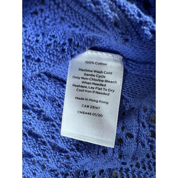 Talbots Sweater Women's Small Blue 100% Cotton Crochet Long Sleeve V-Neck Slit - Picture 3 of 10